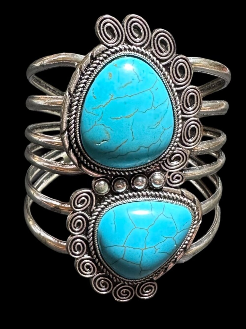 Southwestern Style Chunky Hinged Bangle Bracelet Silver Tone Blue Center Womens - Picture 3 of 6
